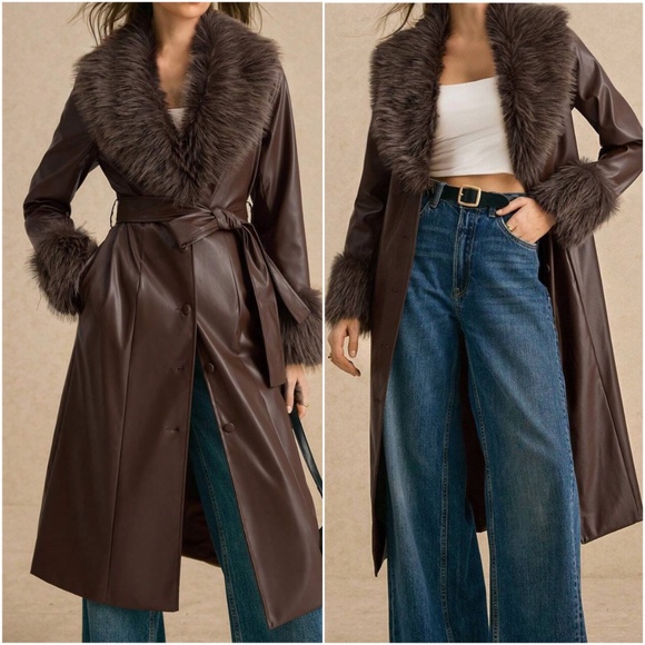 Luxe Vegan Fur Leather Pockets Button Down Jacket Coat - Picture 1 of 6